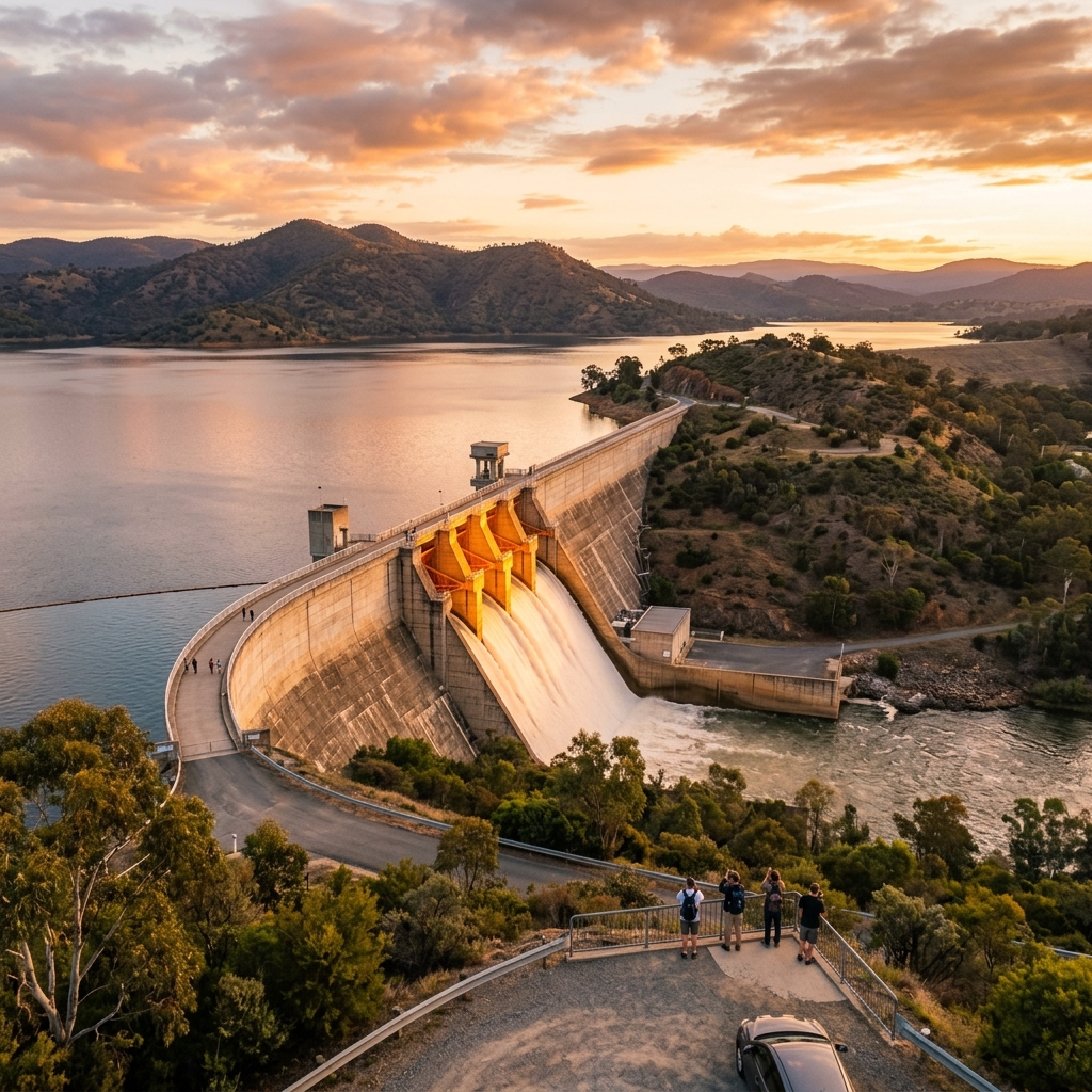 Golden-hour view of a reservoir near Albury in regional New South Wales